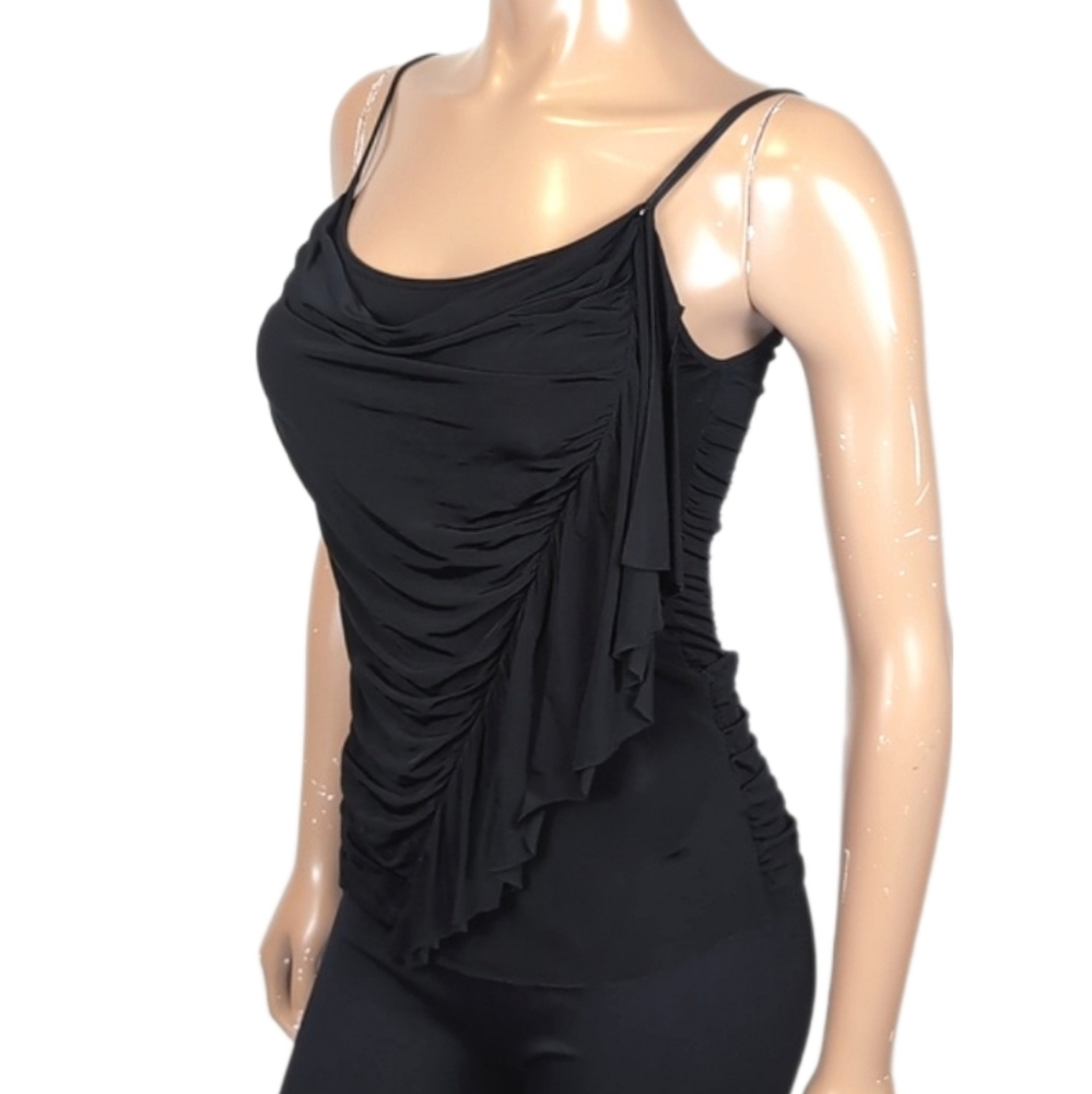 💠Guess Ruffled Cami Tank Top Black Ruched Asymmetric Party Cowl Neck